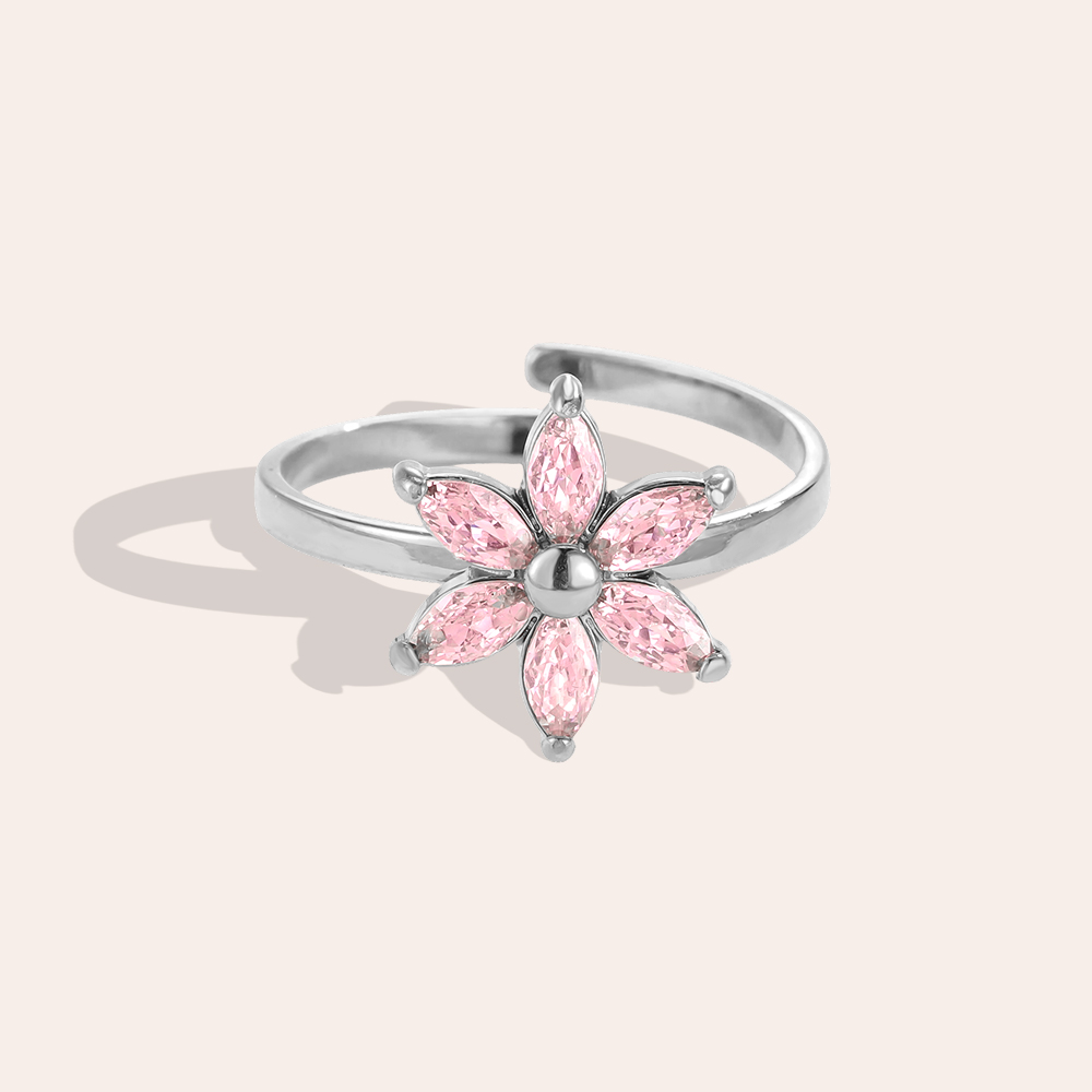 Stainless steel ring Adjustable pink zirconia flower