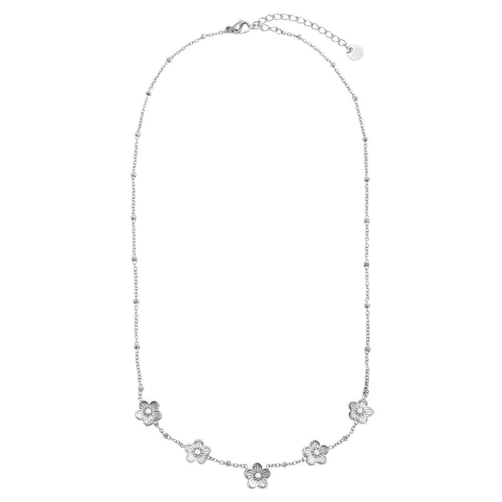 Stainless steel necklace 41cm Five flowers with small faux pearls