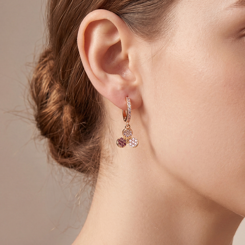 Gold-plated earrings, 24mm three-petalled cubic zirconia flower 