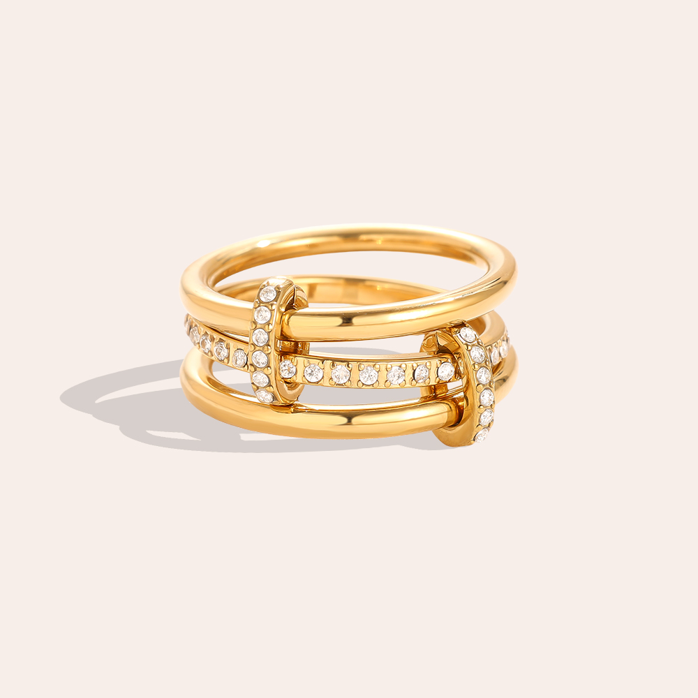 Three Layer Gold Ring Set With Lock Stainless Steel Ring    