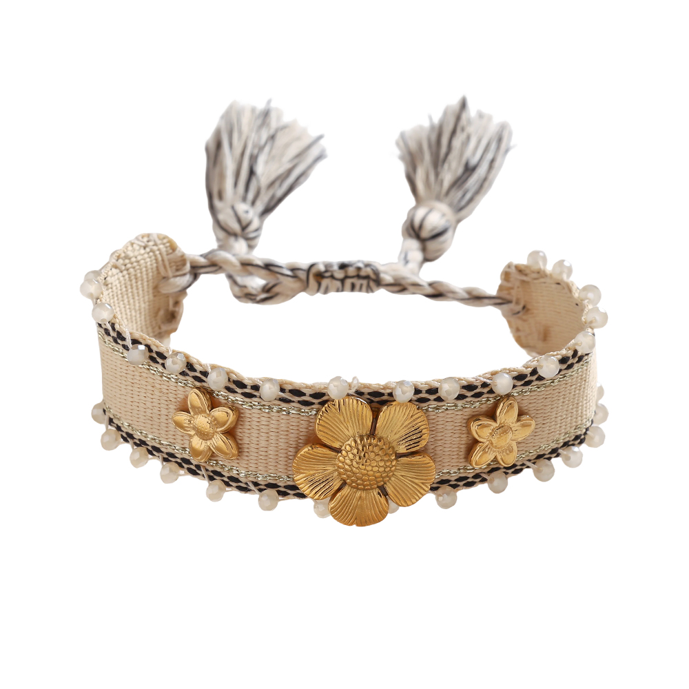 Flowers on a polyester bag Stainless steel bracelet    