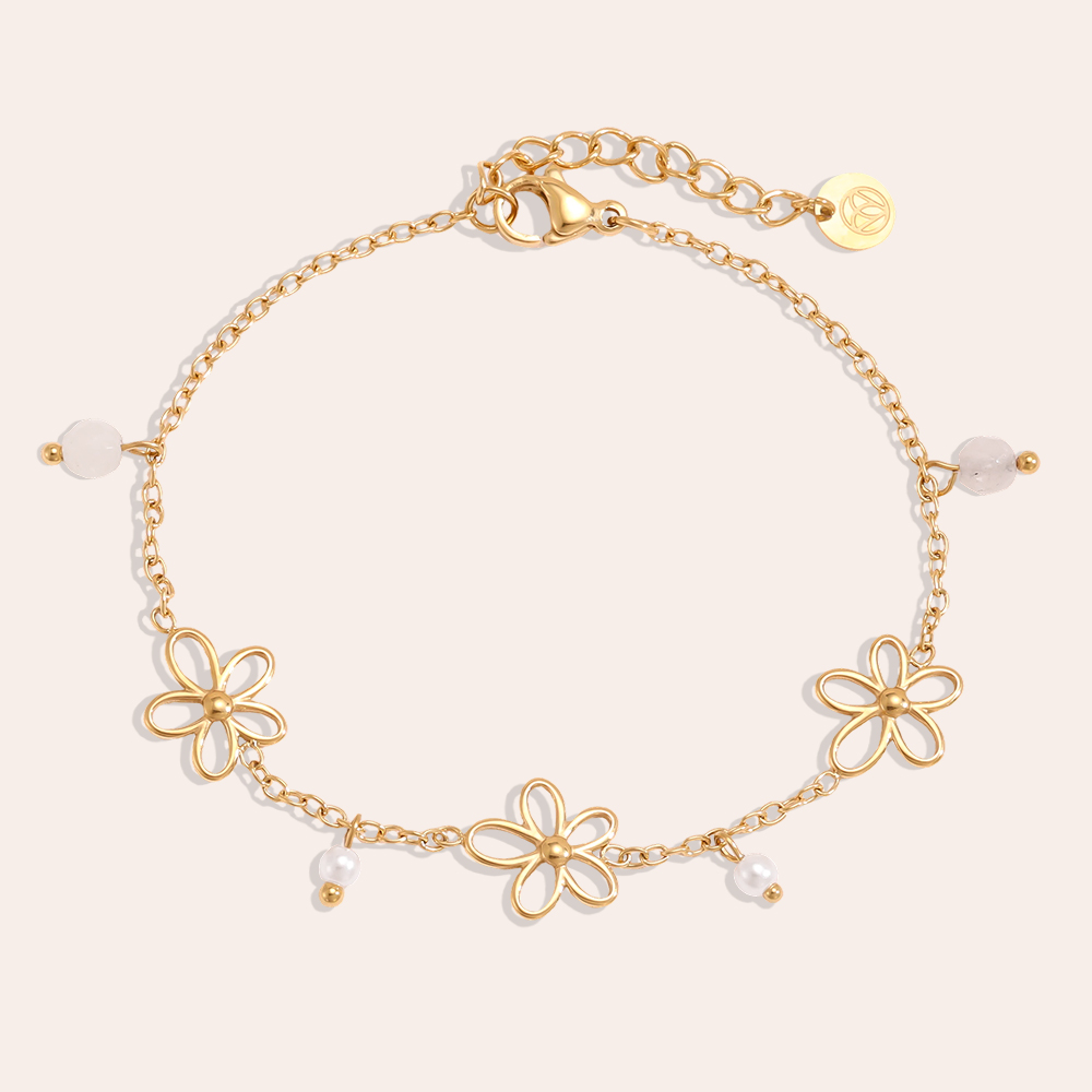Stainless steel bracelet 17cm Simple flowers and beads