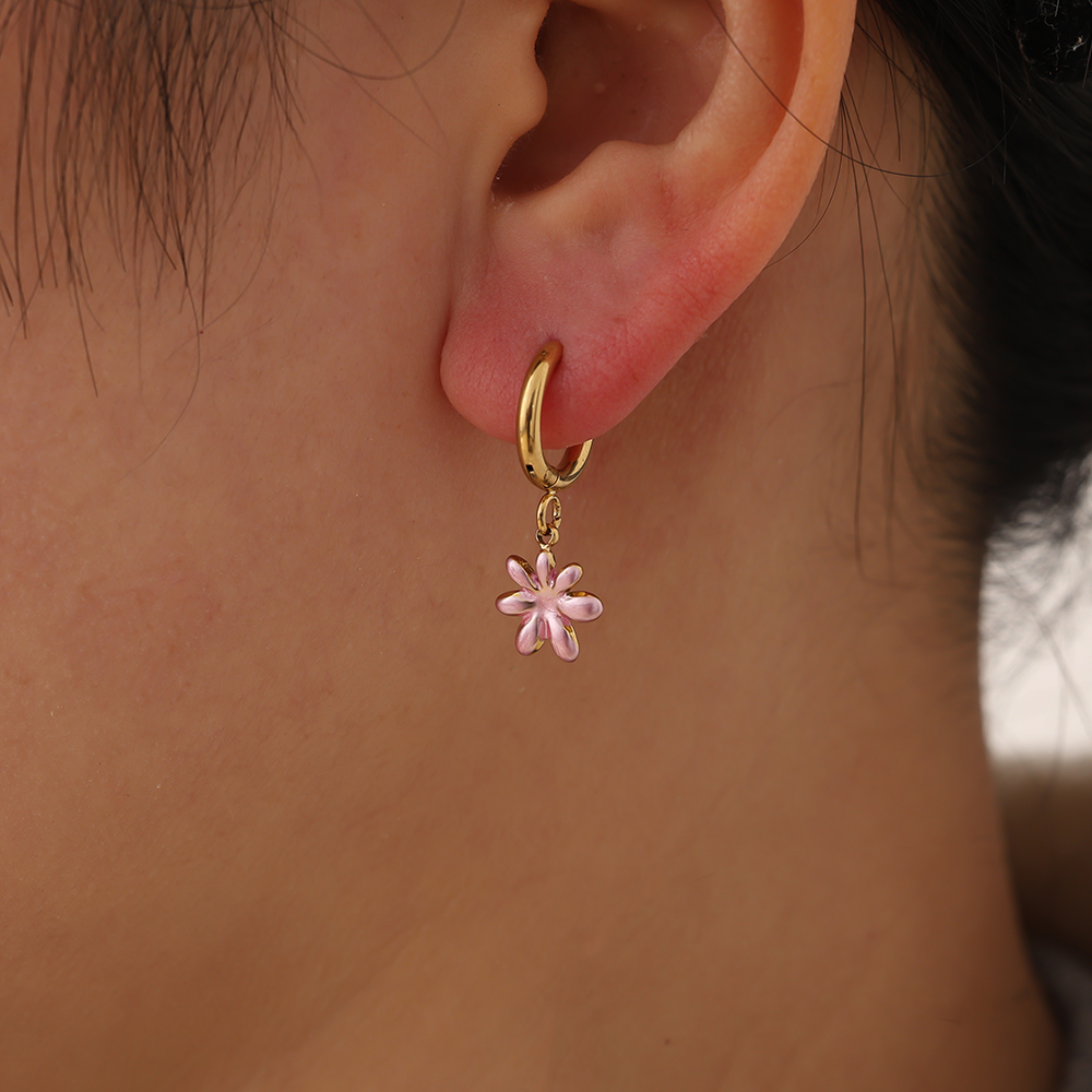 1.2*2.6cm pink flowers stainless steel earrings