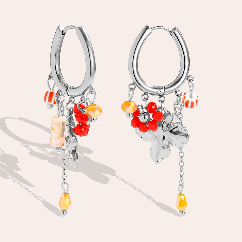 5*1.8cm flowers and colourful small beads stainless steel earrings   