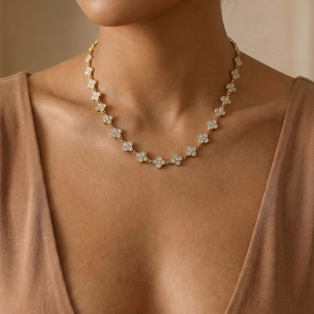 38cm zirconia cloverleaf stainless steel necklace