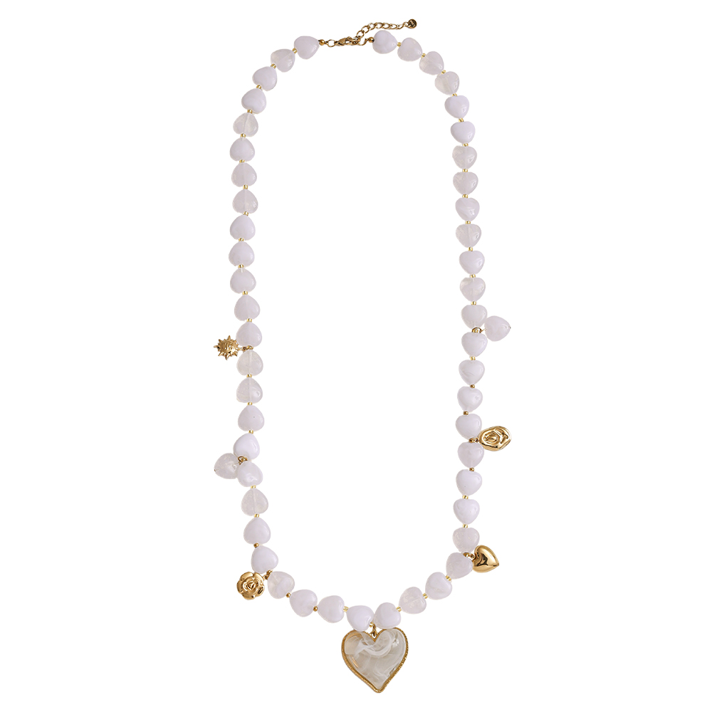 87cm small resin hearts and pendants stainless steel necklace     