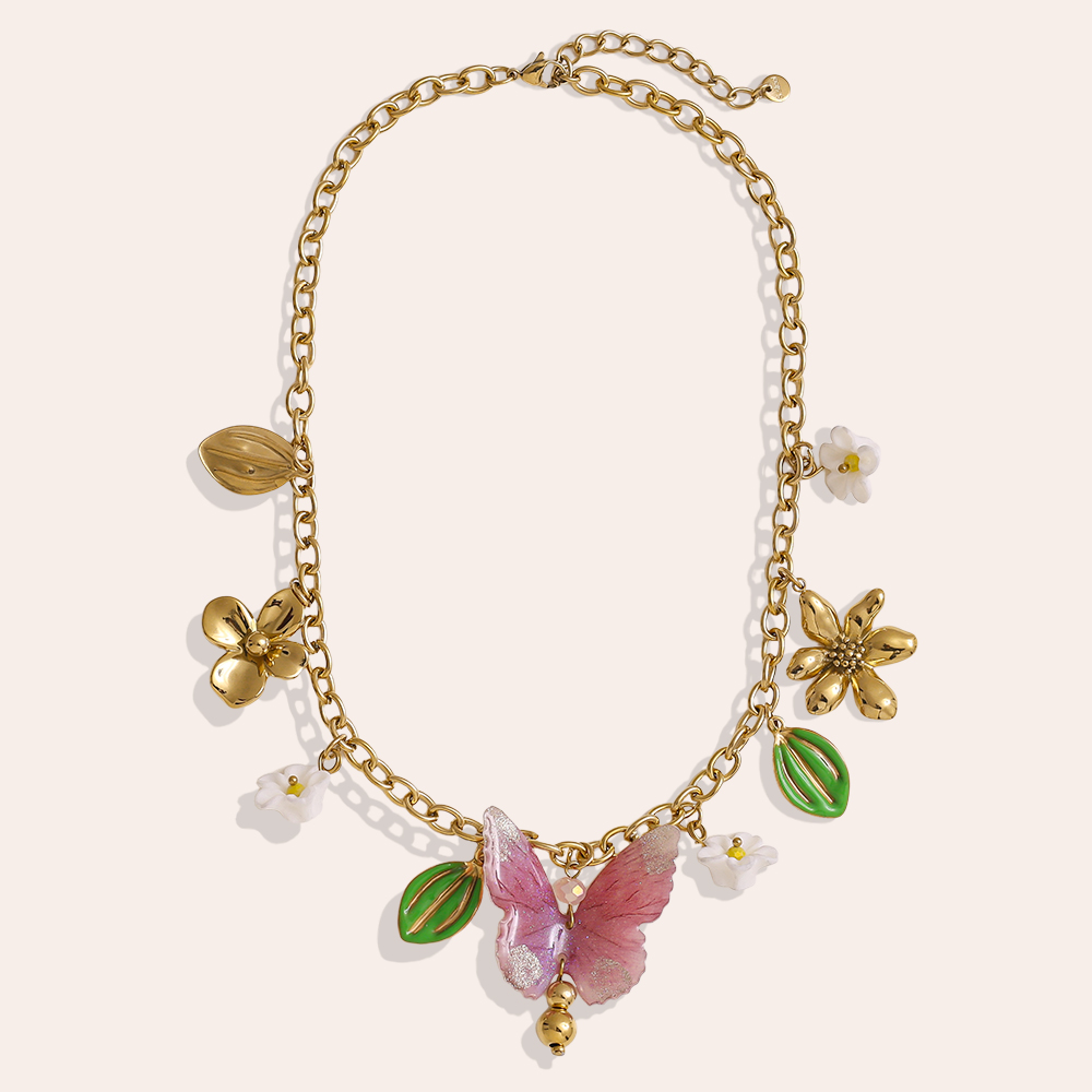 42cm acrylic butterfly heart blossom stainless steel necklace 