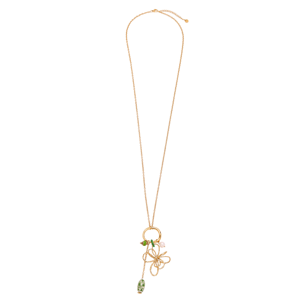 Stainless steel necklace, 79cm, with doodle flowers and green decorations