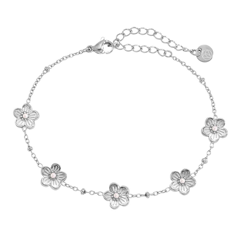 Stainless steel bracelet 17cm Five flowers with small faux pearls