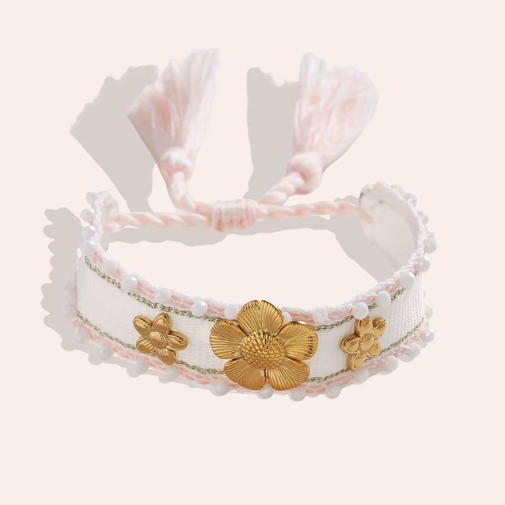 Flowers on a polyester bag Stainless steel bracelet    