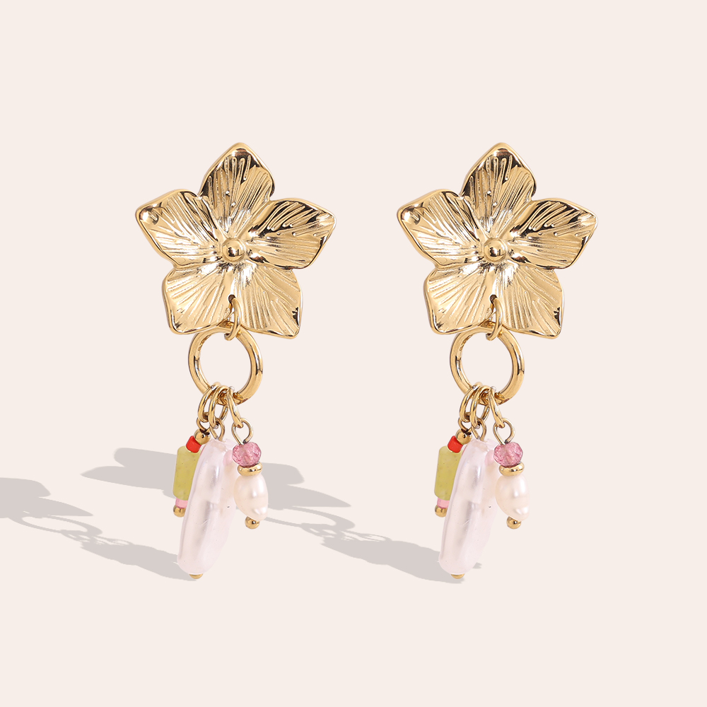 50mm flower freshwater pearls and natural stone stainless steel earrings
