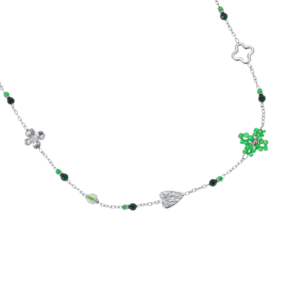 40cm flower heart and green beads stainless steel necklace  