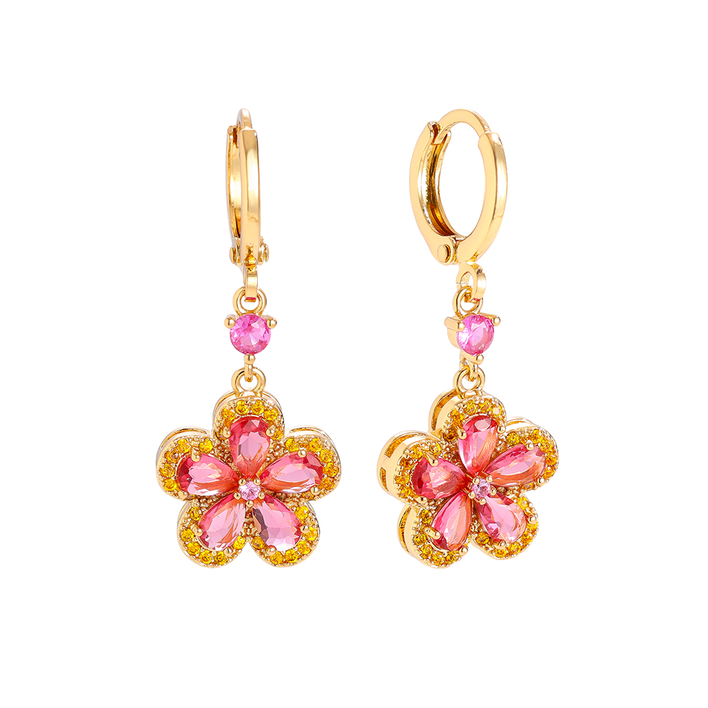 3.5cm pink zirconia flower gold-plated earrings 