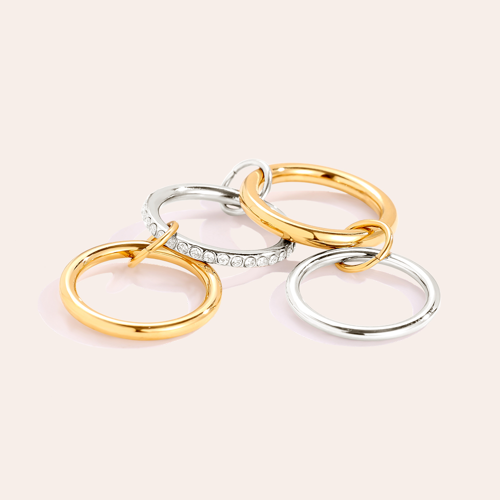 Four Layer Gold And Silver Diamond Ring Set Stainless Steel Ring    