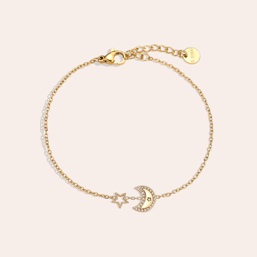 17cm Diamond Moon And Star stainless steel bracelet 