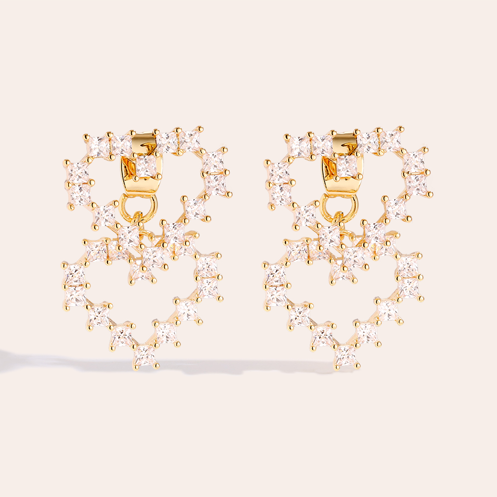 26mm Two Fancy Diamond Heart Gold-Plated Earrings 