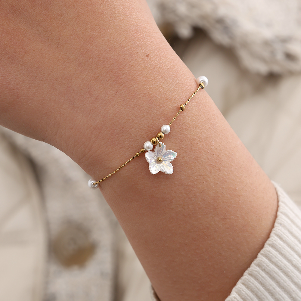 17cm Pearl Dots And Flower stainless steel bracelet   