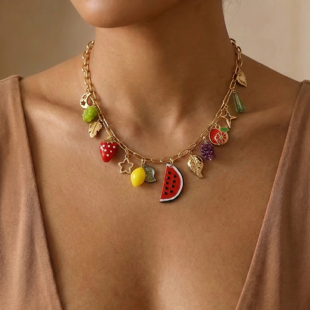 Stainless steel necklace 42cm many fruits
