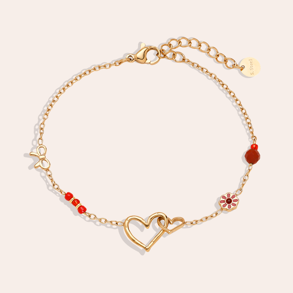 17cm heart bow and red flower stainless steel bracelet    