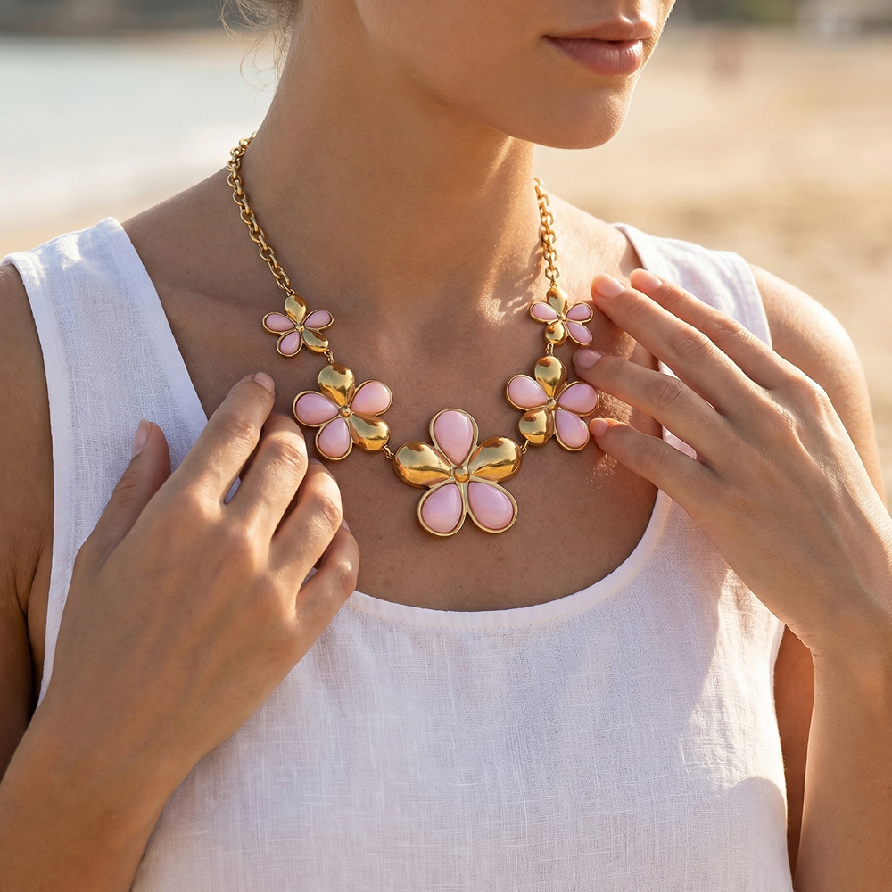 Stainless steel necklace 47cm pink flower