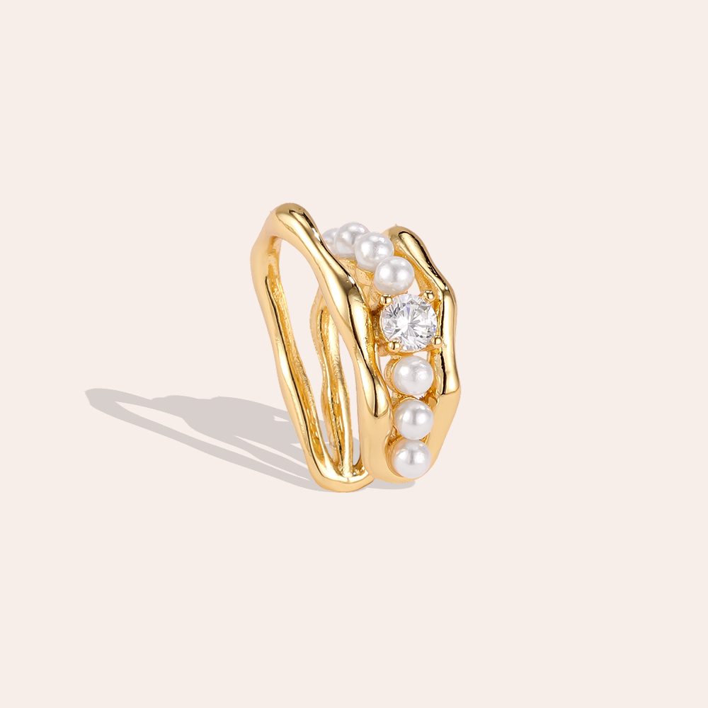Gold-plated ear cuffs, 17mm, cubic zirconia, small pearl 