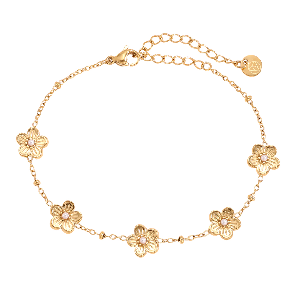 Stainless steel bracelet 17cm Five flowers with small faux pearls