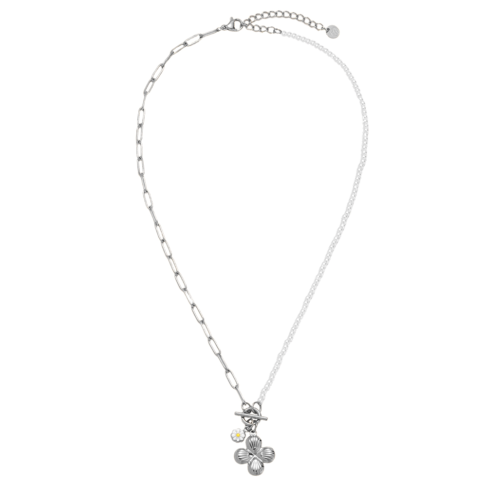 Stainless steel necklace 40cm half-sided faux pearl chain and flower
