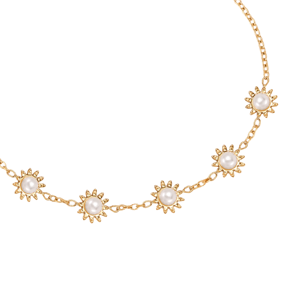Stainless steel bracelet 17cm five sunflowers with faux pearls  