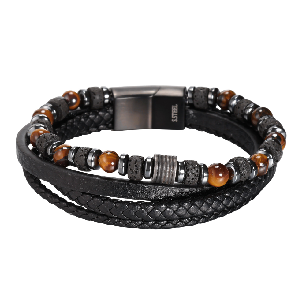  Stainless steel bracelet, PU braid, multi-layered, natural stone