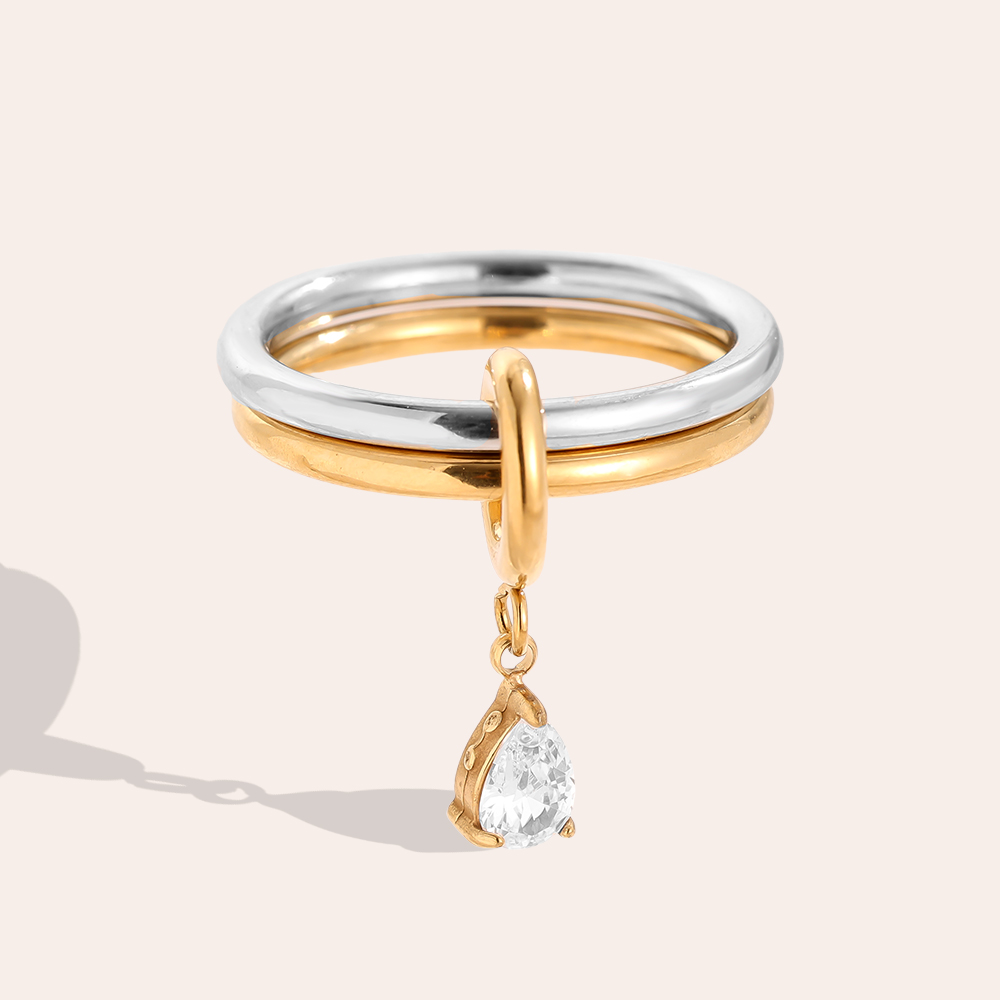 Two Layer Gold And Silver Ring Set With Diamond Stainless Steel Ring    