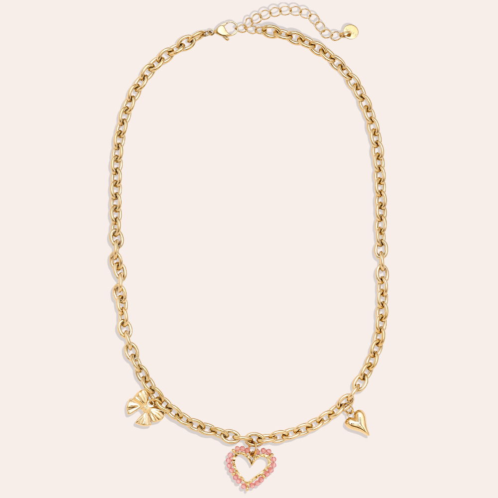 42cm Pink Heart And Charms Stainless Steel Necklace      