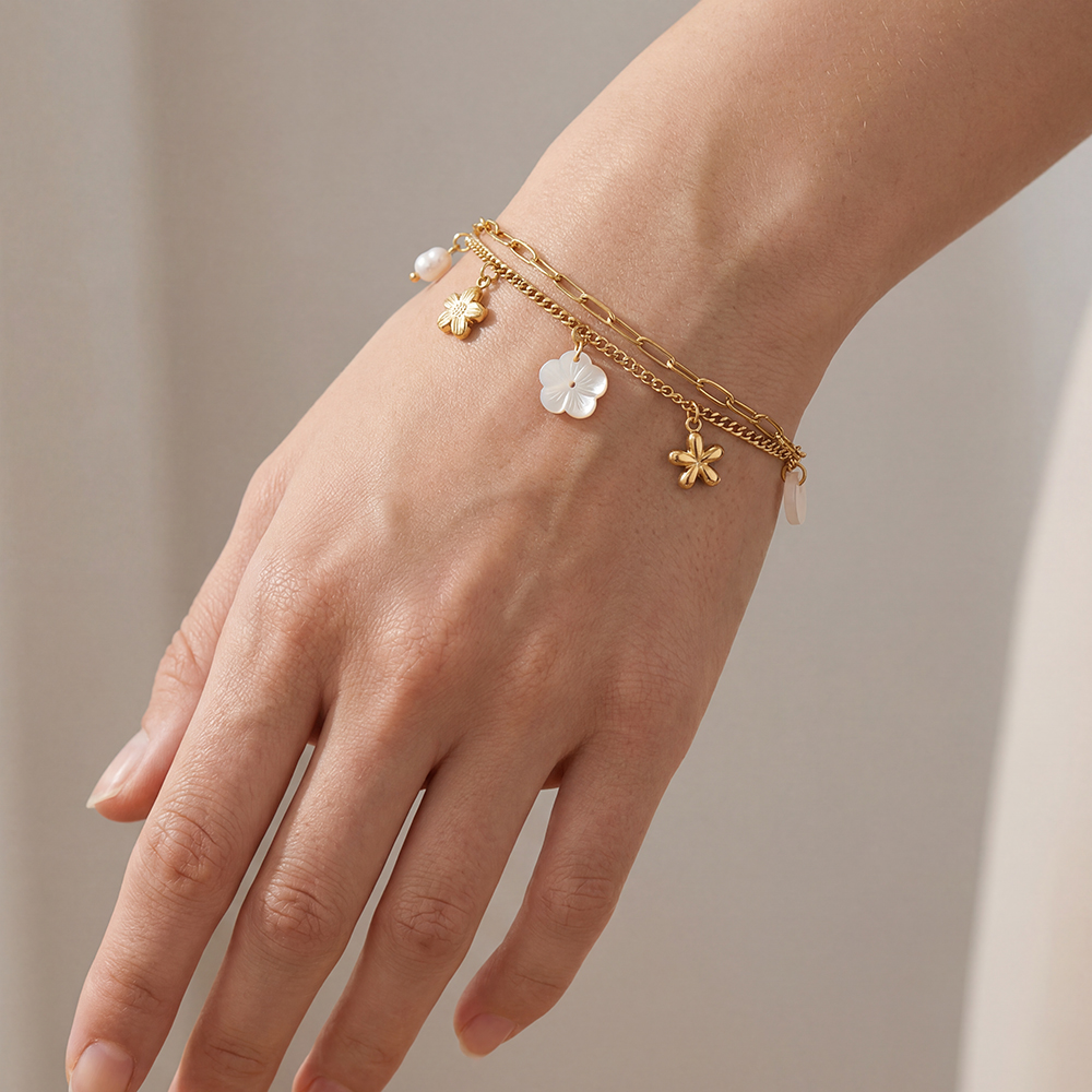 Stainless steel bracelet 17cm double row with flowers and pearls 
