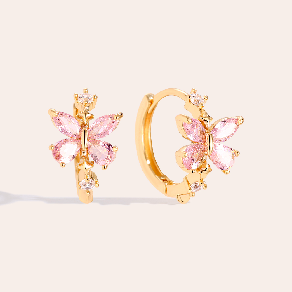 15mm Pink Diamond Butterfly Hoop Gold Plated Earrings       