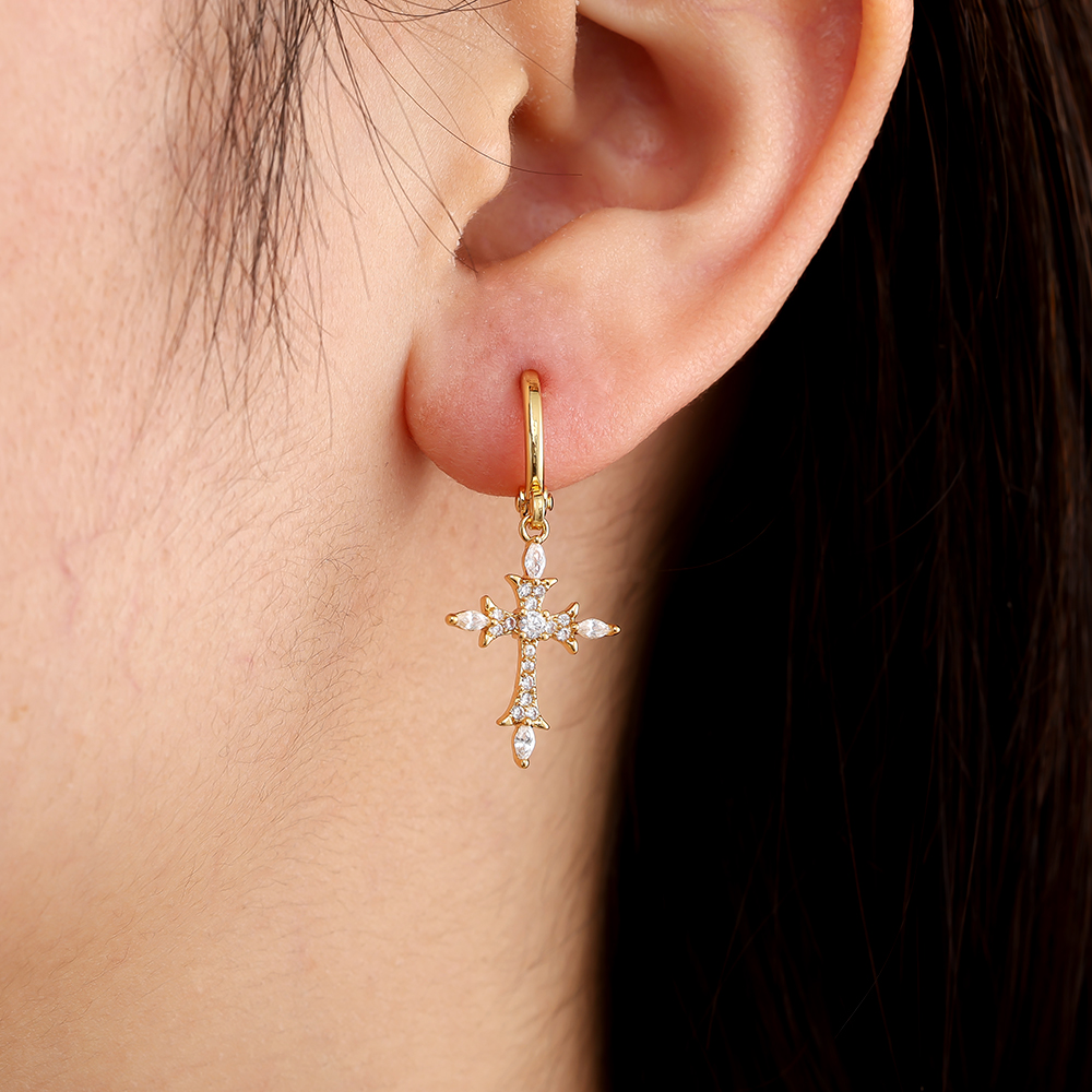 3.2cm Fine Diamond Cross Gold Plated Earrings    