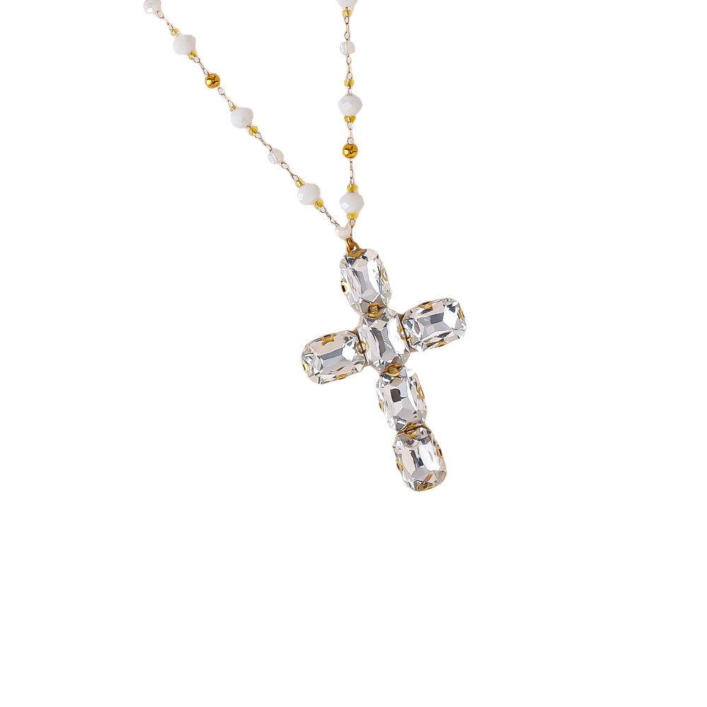 86cm Glass Crystal Cross Stainless Steel Necklaces