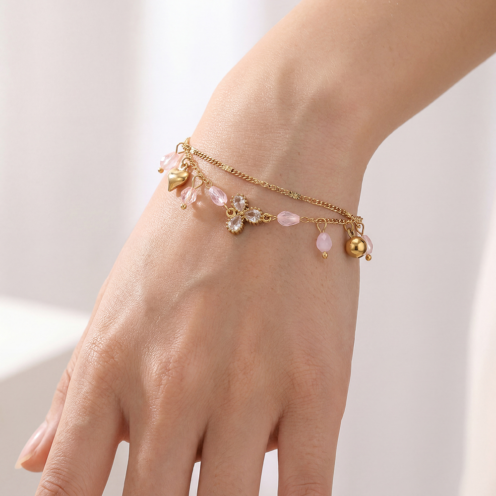 Stainless steel bracelet 17cm double-layered with rhinestones and glass