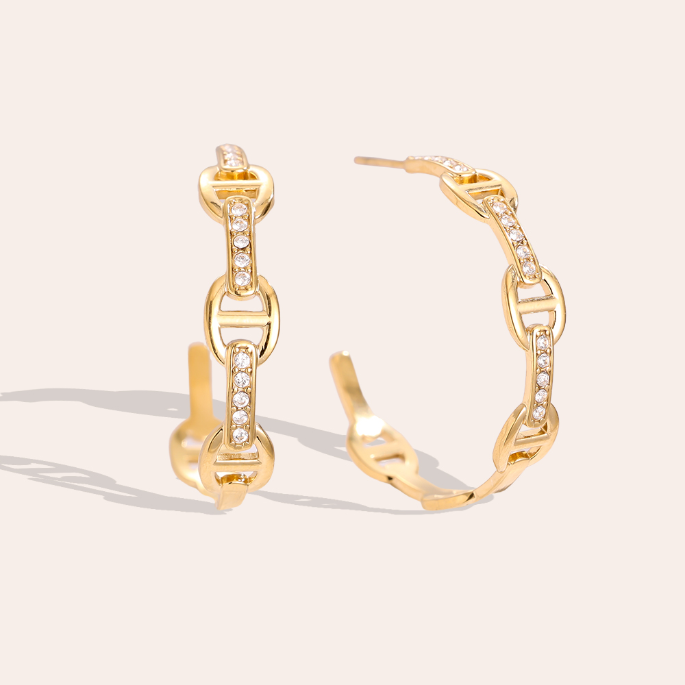 3cm Pig Nose Diamond Half Hoop Stainless Steel Earrings     