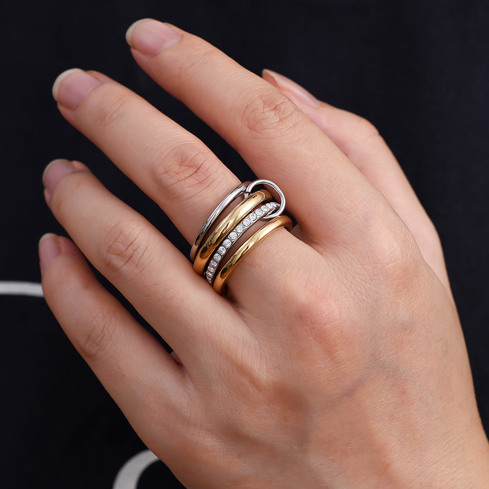 Four Layer Gold And Silver Diamond Ring Set Stainless Steel Ring    