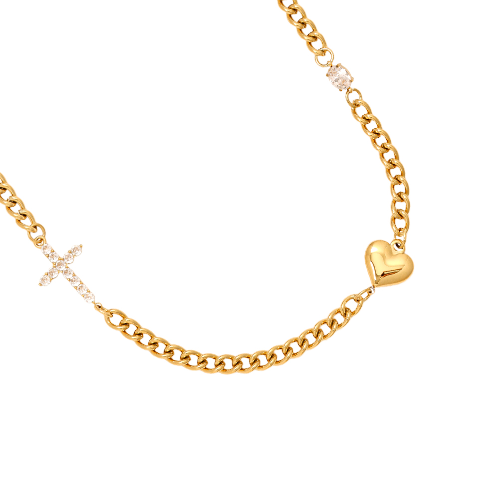 45cm Heart And Diamond Cross Stainless Steel Necklace        