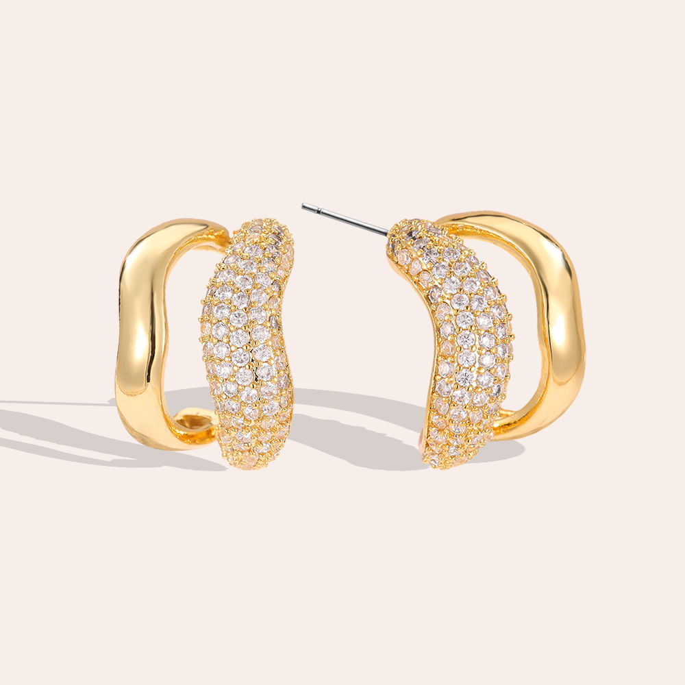18mm Zirconia Double Layer Soft Wave Gold Plated Earrings   