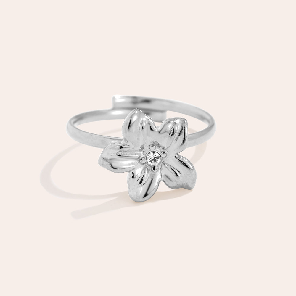 Flower With Diamond Stainless Steel Ring    