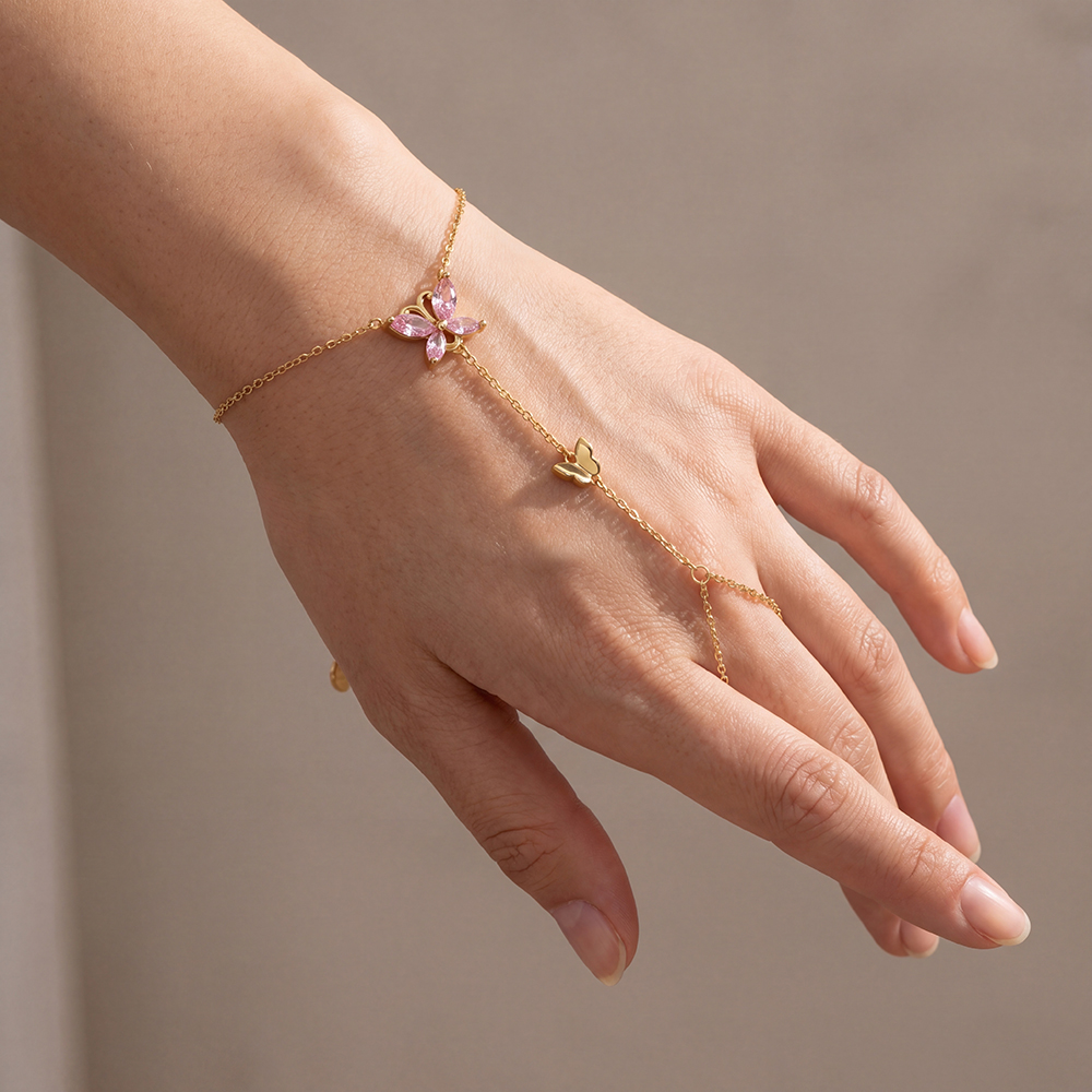 16cm pink zirconia butterfly hand chain stainless steel bracelet    