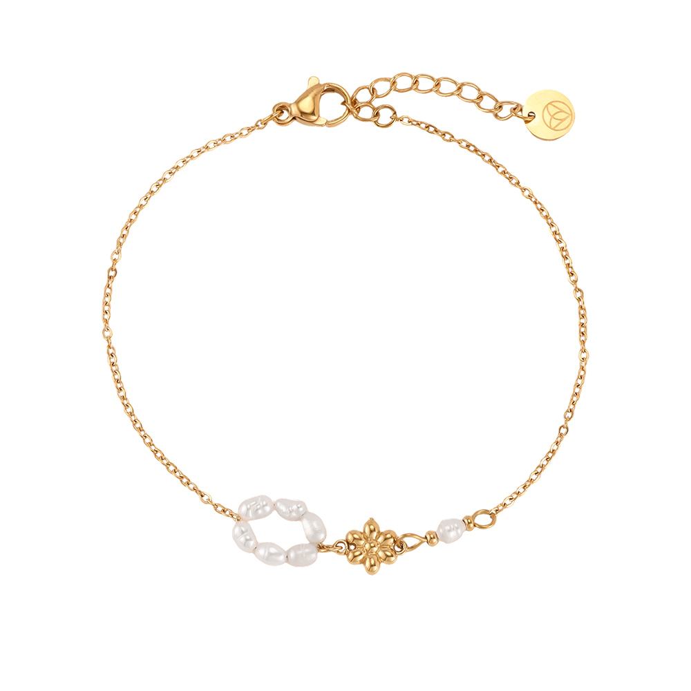 Stainless steel bracelet, 17cm, with a beaded ring and a golden flower