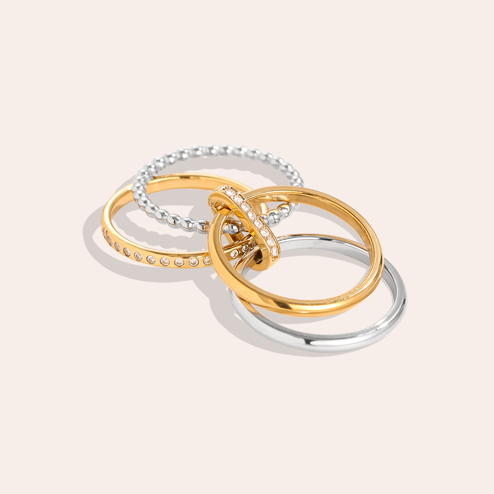 Various Layer Gold And Silver Diamond Lock Ring Set Stainless Steel Ring    