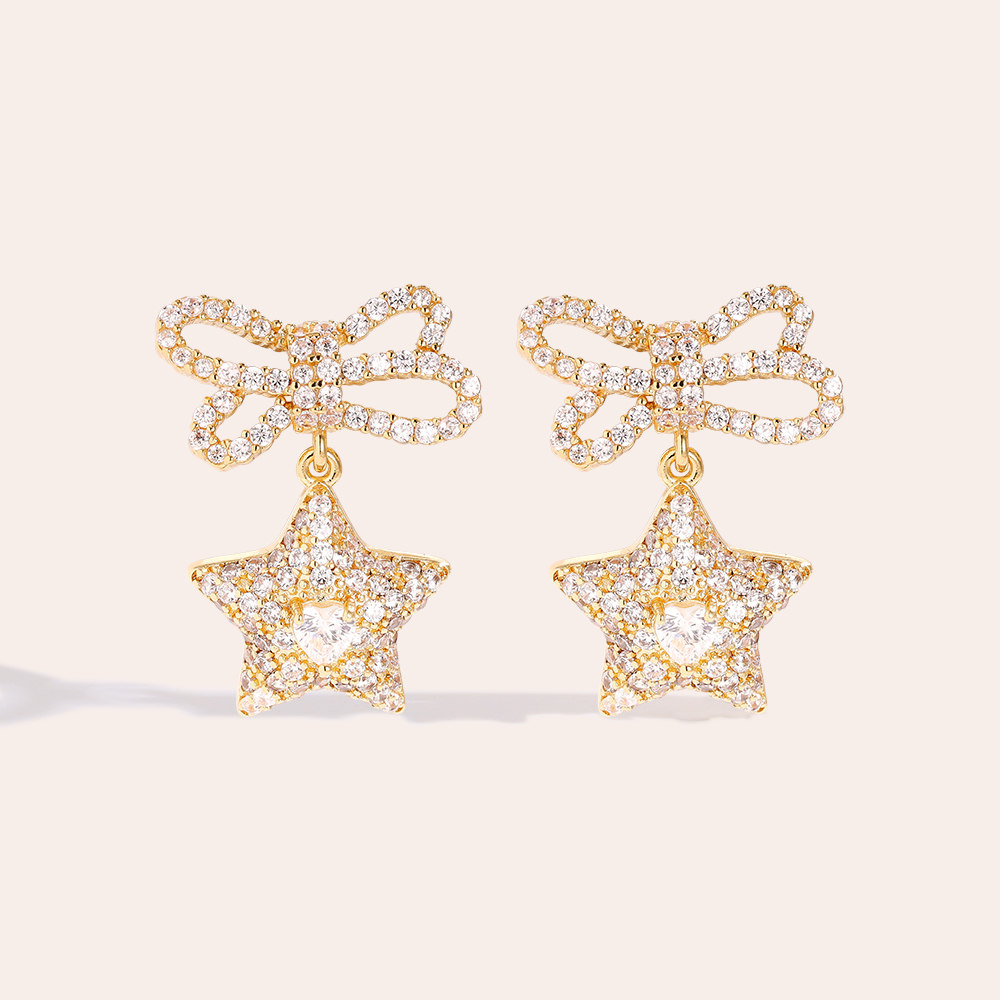 26mm Shining Bowtie Star Diamond Gold Plated Earrings     