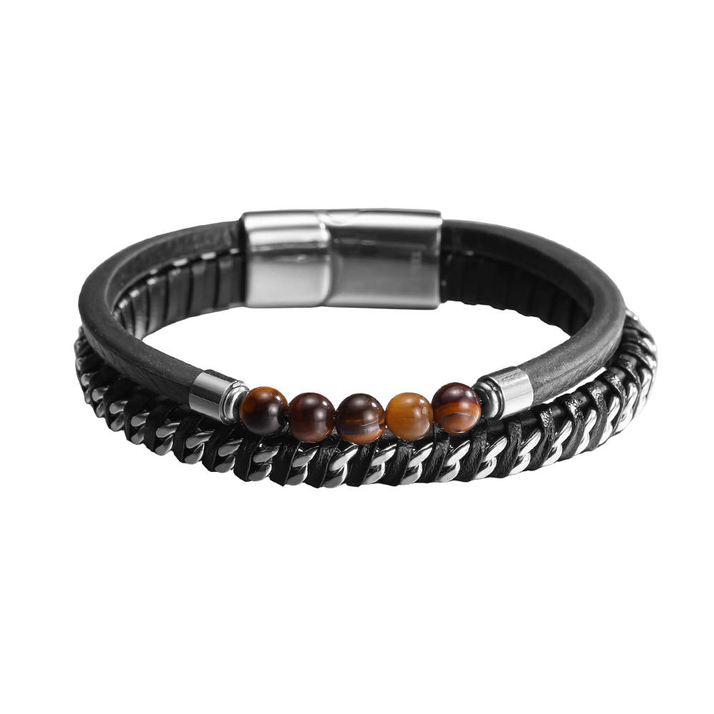 Stainless Steel Bracelet with PU Multi-Layered Chain and Natural Stone