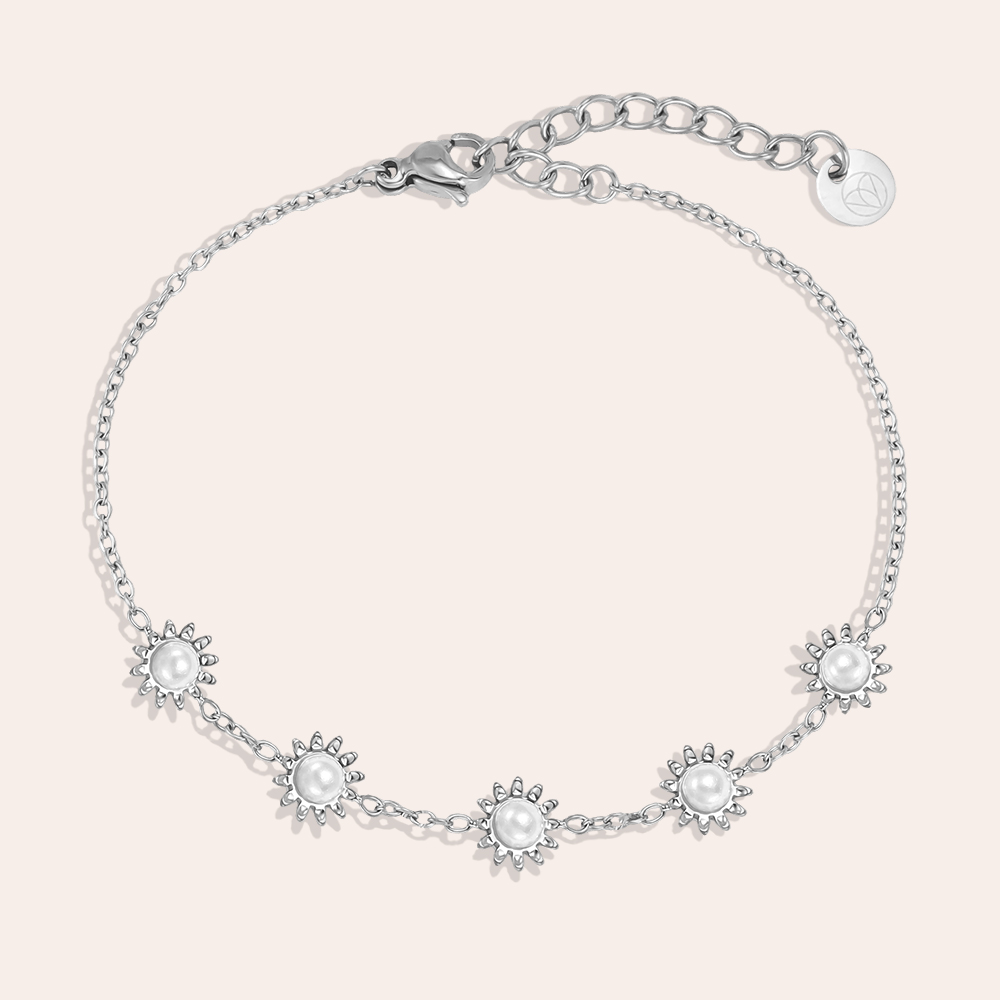 Stainless steel bracelet 17cm five sunflowers with faux pearls  