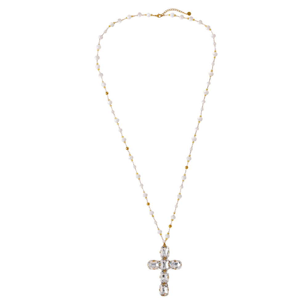 86cm Glass Crystal Cross Stainless Steel Necklaces