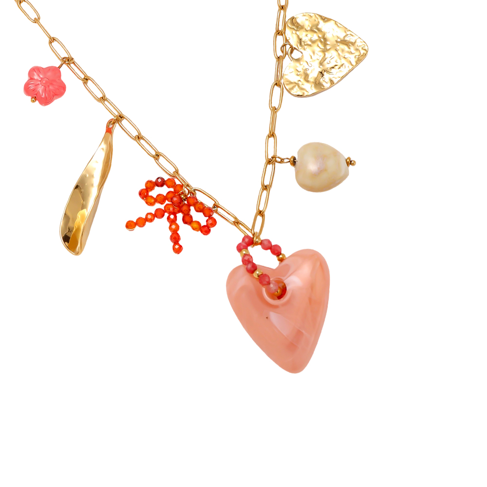 Stainless steel necklace, 40cm, with a pink acrylic heart and decorative elements