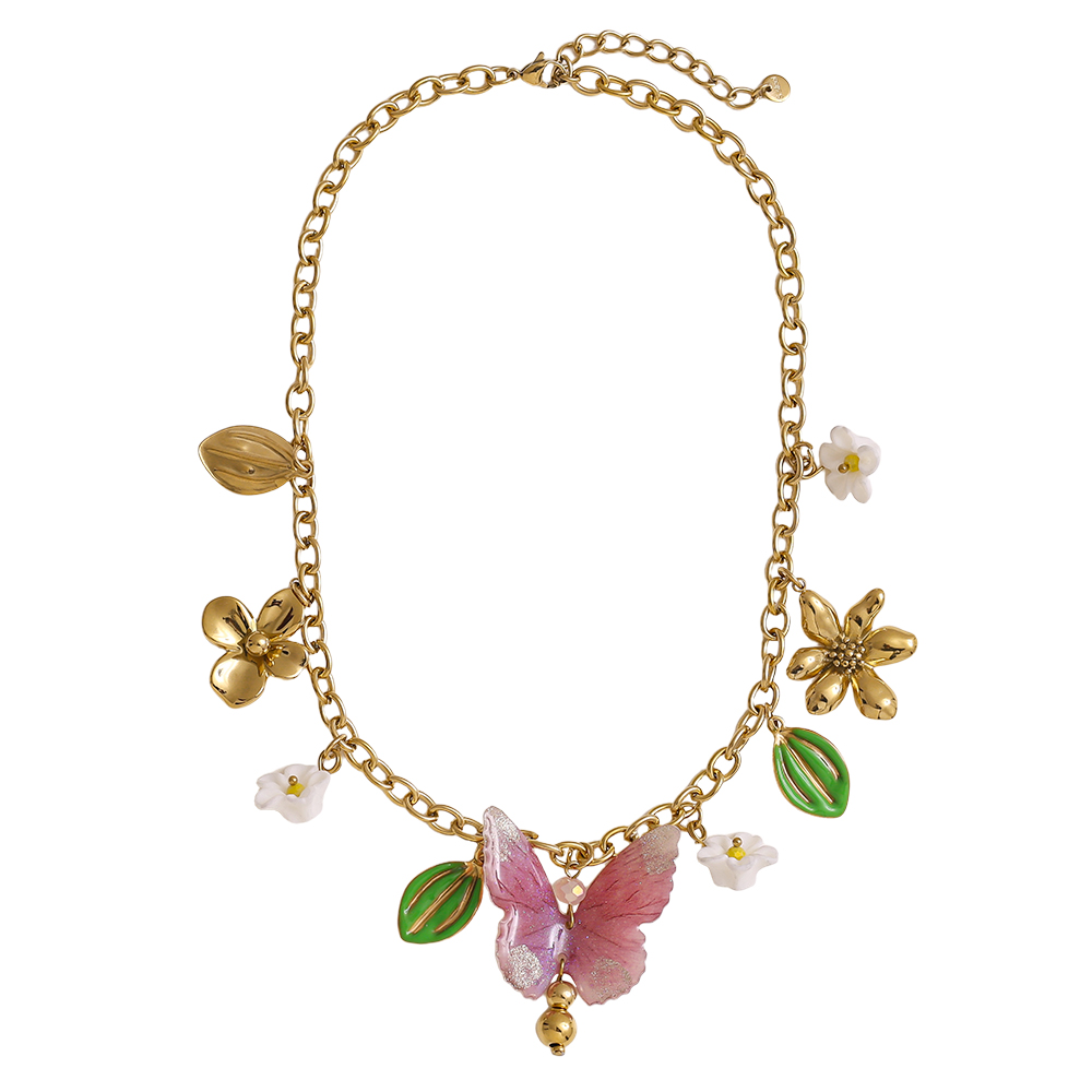 42cm acrylic butterfly heart blossom stainless steel necklace 